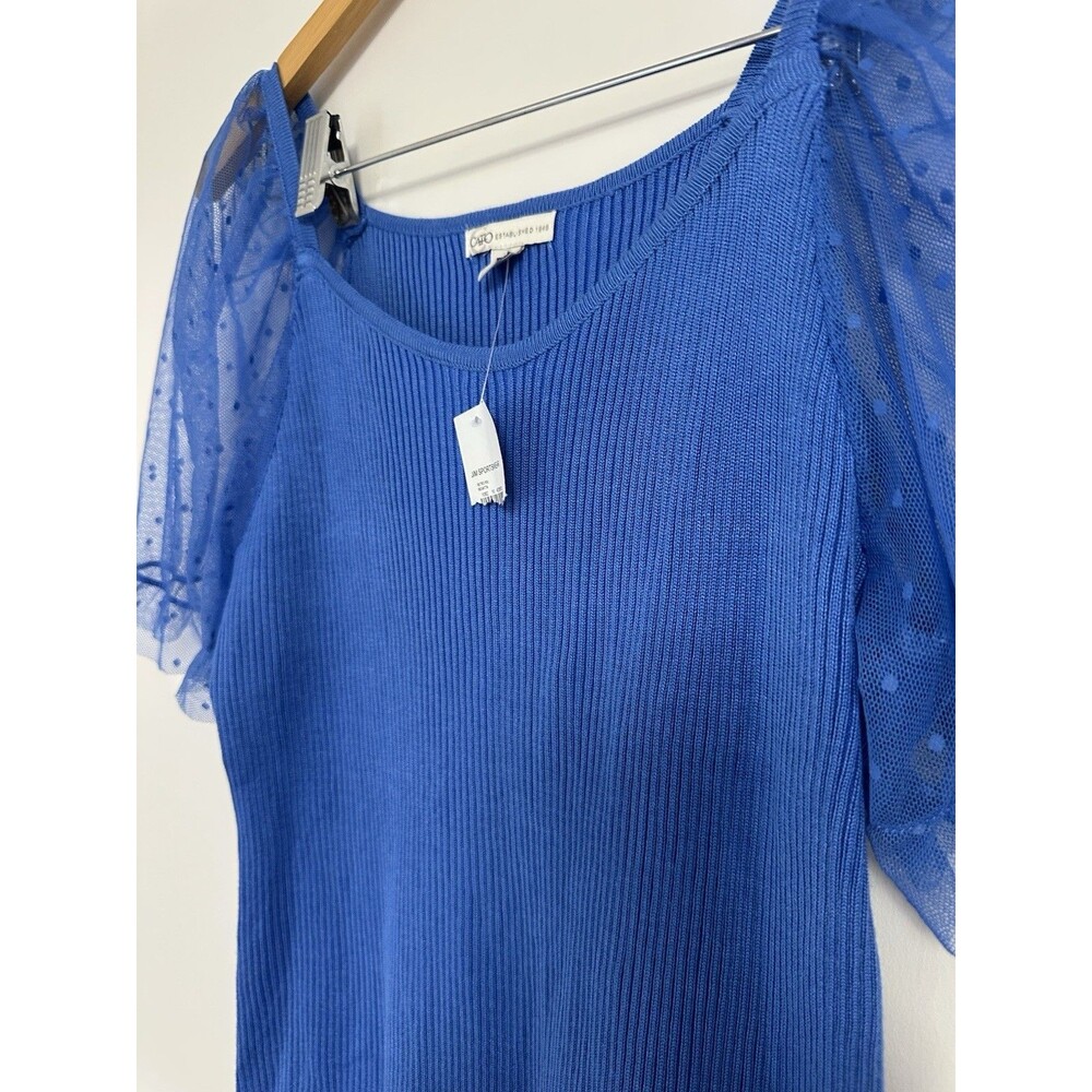 Cato Royal Blue Ribbed Knit Top Sheer Swiss Dot Puff Sleeve Ruffle Scoop Neck L